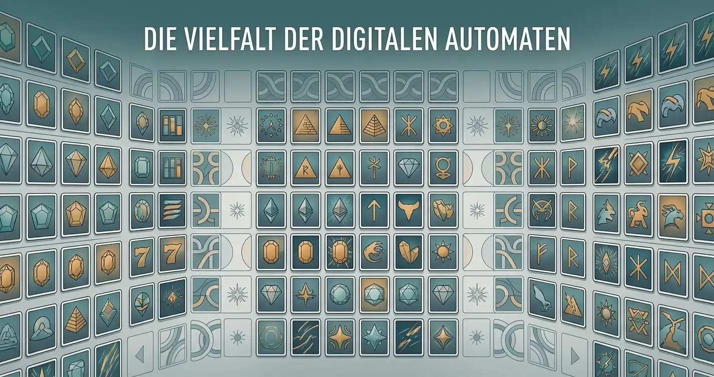Neutrale Illustration einer großen Slot-Bibliothek mit abstrakten Spielkacheln ohne echte Marken oder Spieltitel