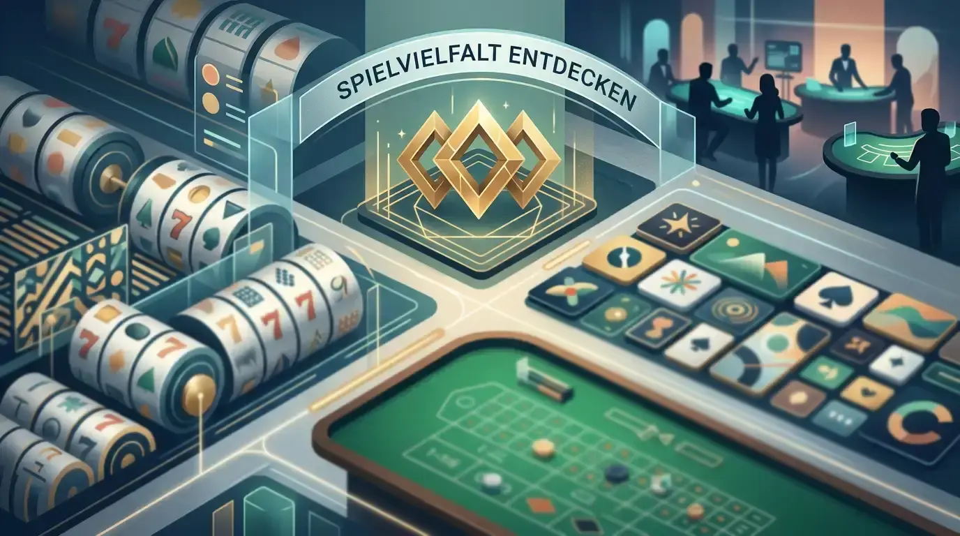 Neutrale Illustration einer vielfältigen digitalen Spielbibliothek mit abstrakten Slot-, Tisch- und Live-Casino-Elementen
