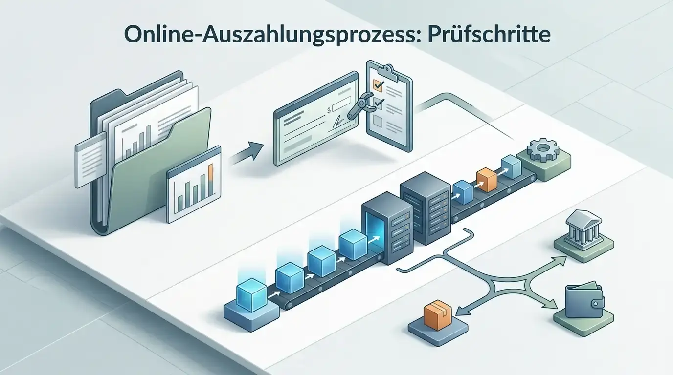 Neutrale Illustration eines mehrstufigen Auszahlungsprozesses mit Prüfung und Zahlungsweg