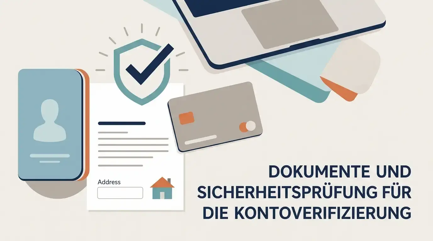 Neutrale Illustration von Identitätsdokument, Wohnsitznachweis und sicherer Prüfung
