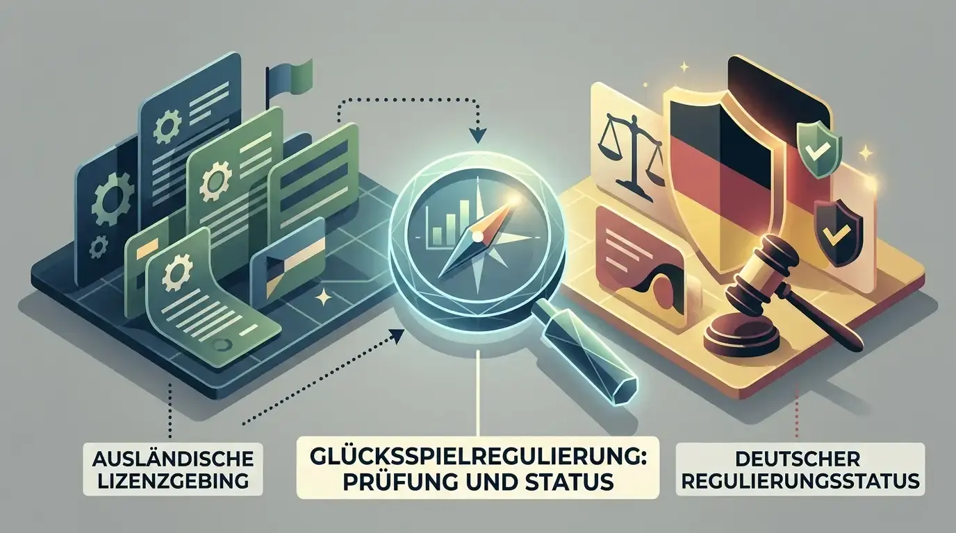 Neutrale Illustration zu Lizenzprüfung, Regulierung und Deutschland-Status ohne Logos oder Dokumentfälschung